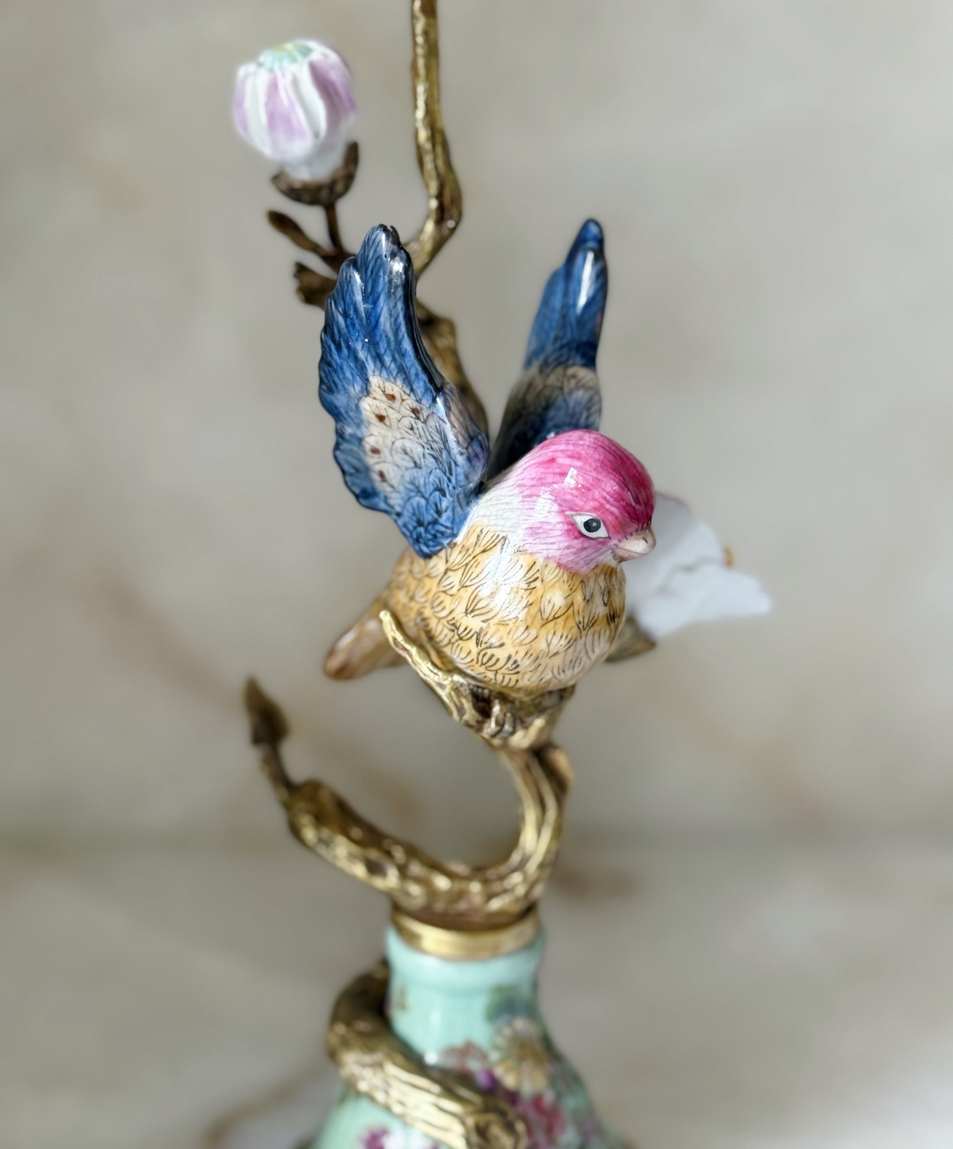 Set of Hand Painted Bird Candelabra with Bronze Ormolu