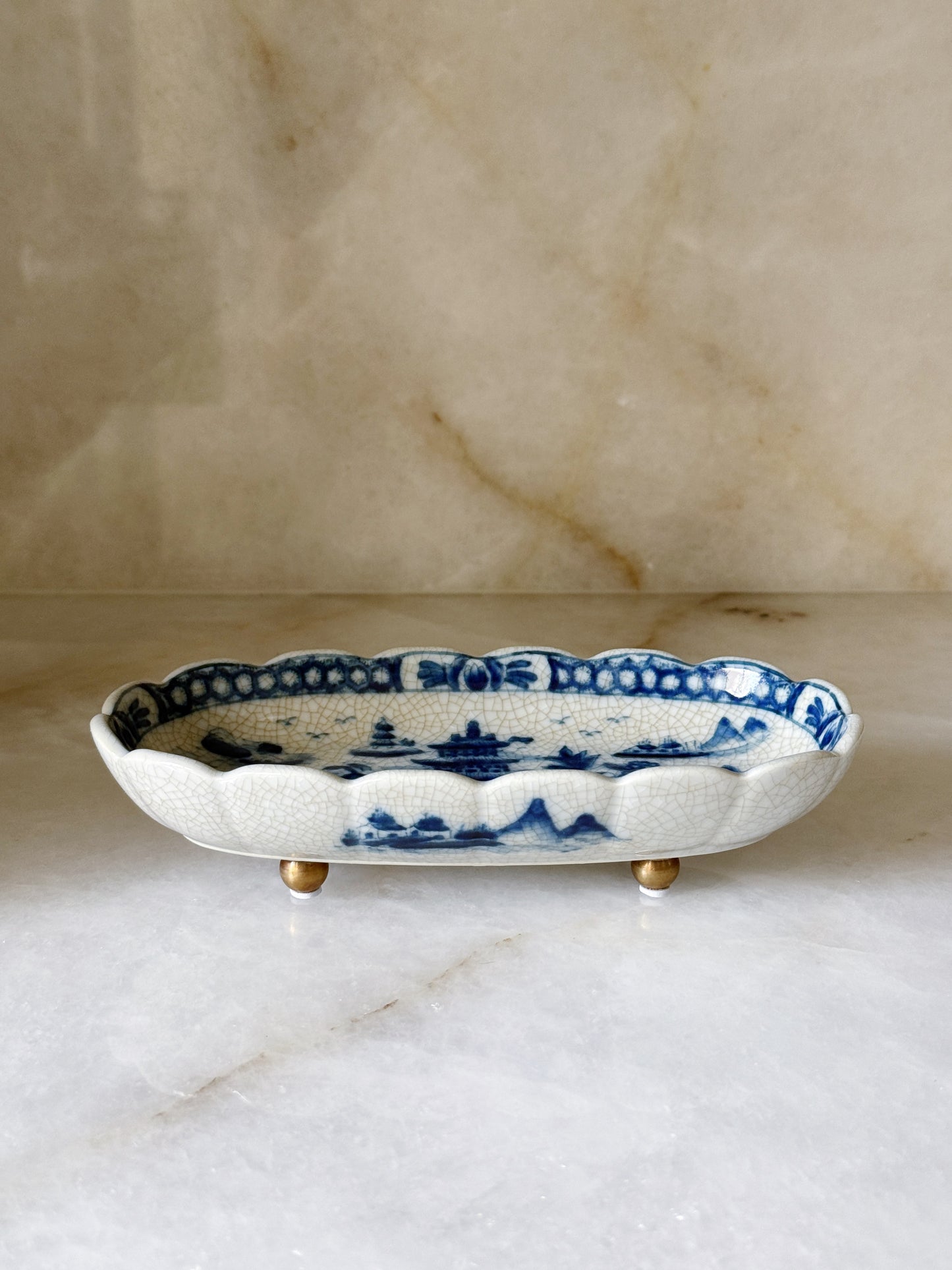 Blue & White Chinoiserie Footed Oval Dish