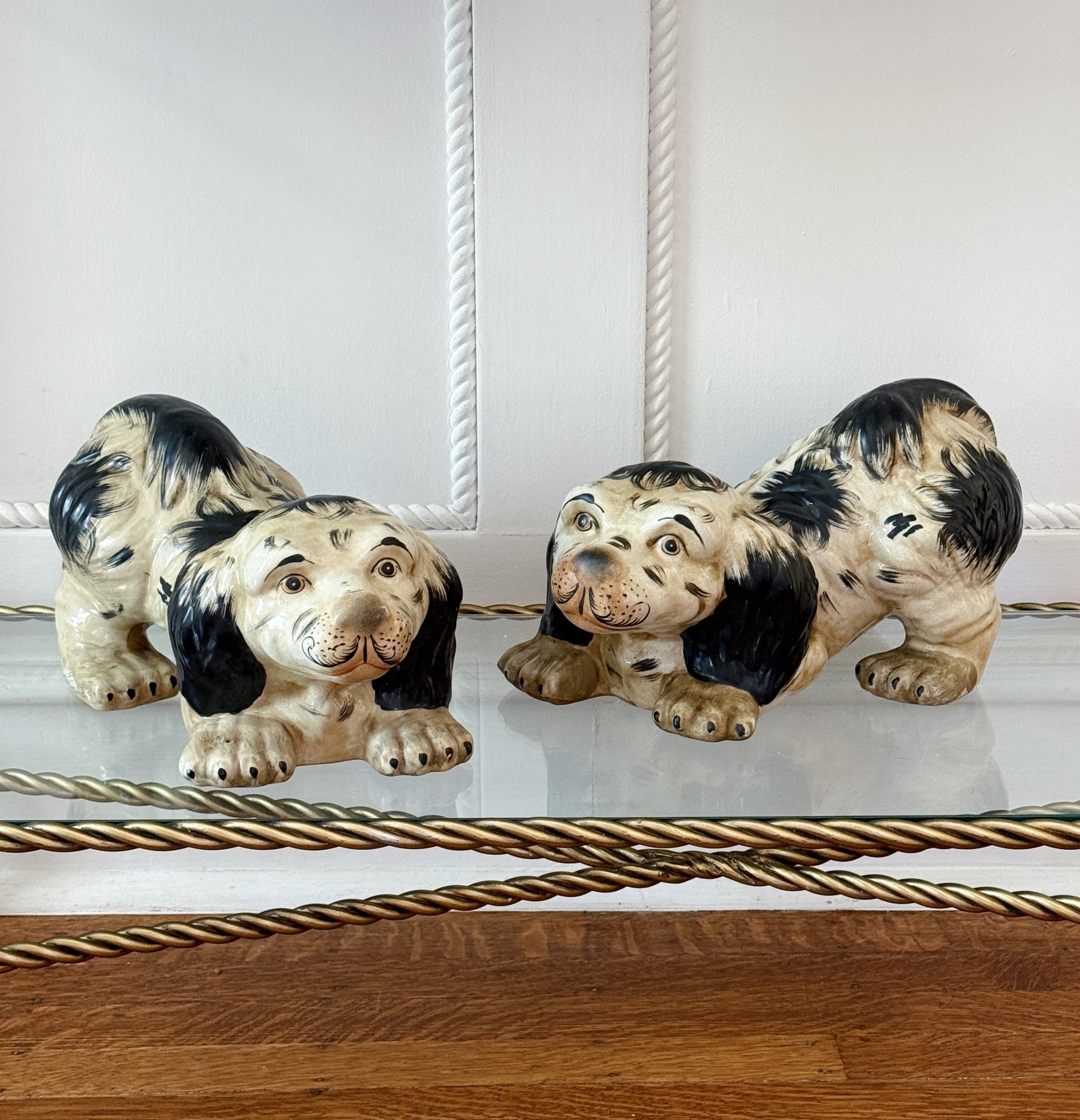 Large Hand-Painted Black & White Staffordshire Style Dogs, Pair