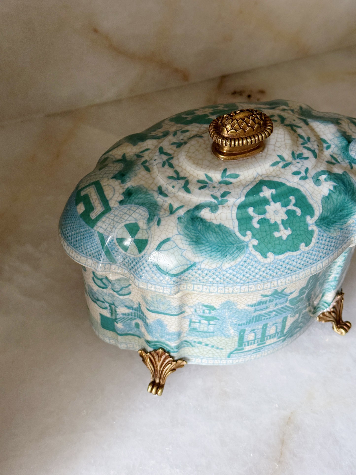Turquoise & White Chinoiserie Lidded Box with Ormolu Detail