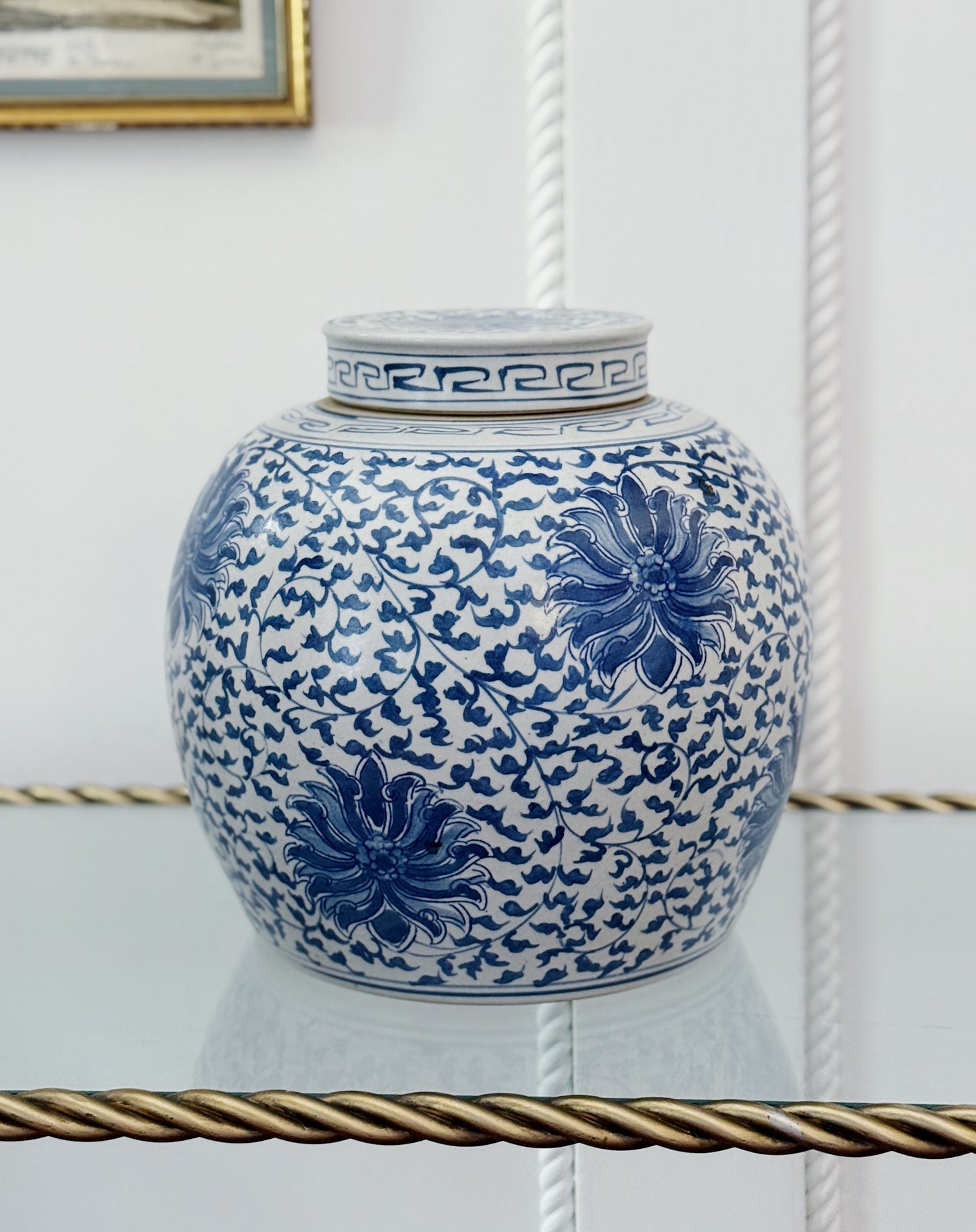 Blue & White Porcelain Ginger Jar with Scrolling Peony Motif