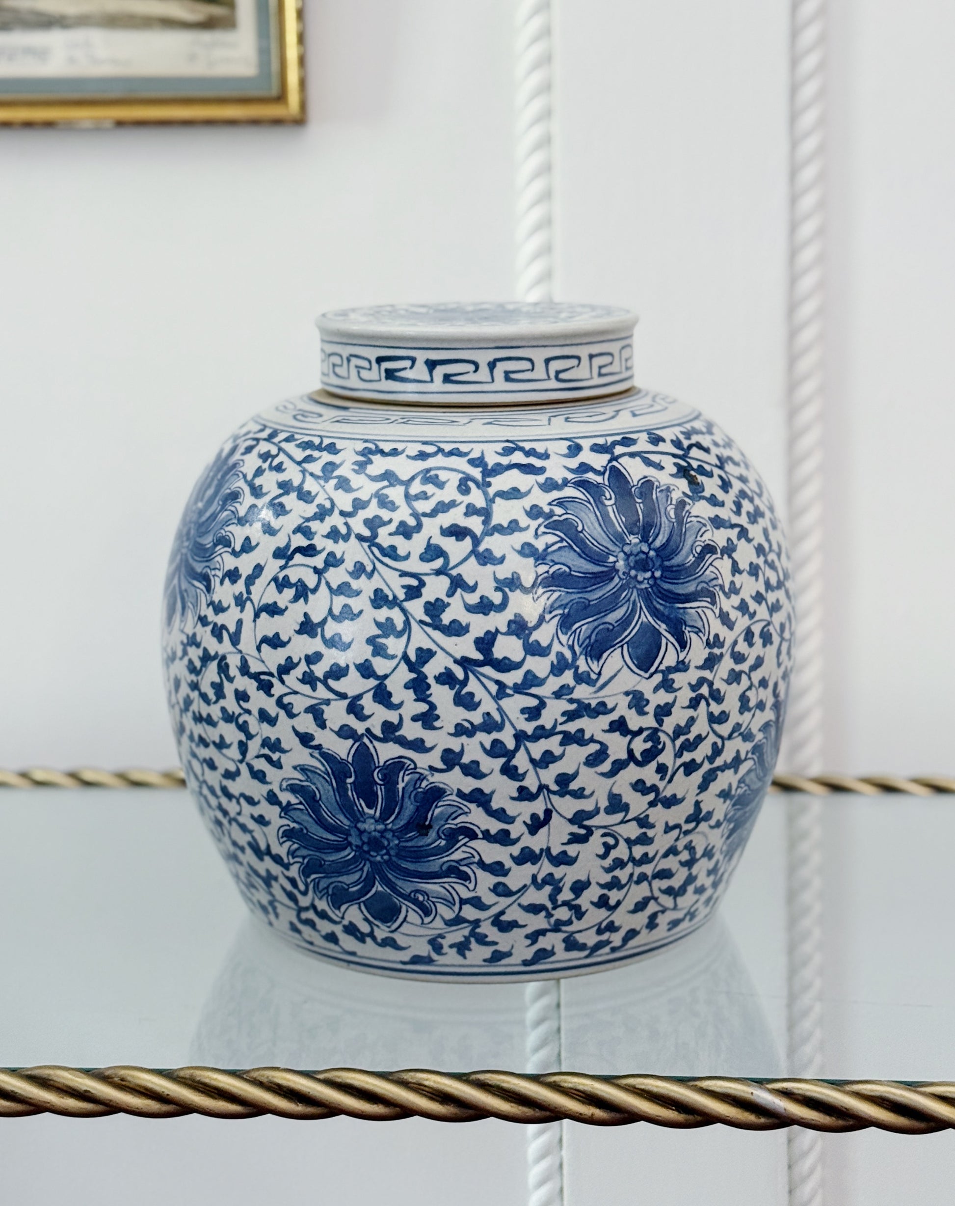 Blue & White Porcelain Ginger Jar with Scrolling Peony Motif