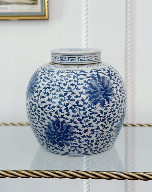 Blue & White Porcelain Ginger Jar with Scrolling Peony Motif