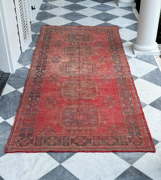 Vintage Turkish Oushak Area Rug | Brick Red | 4.1 x 11.6