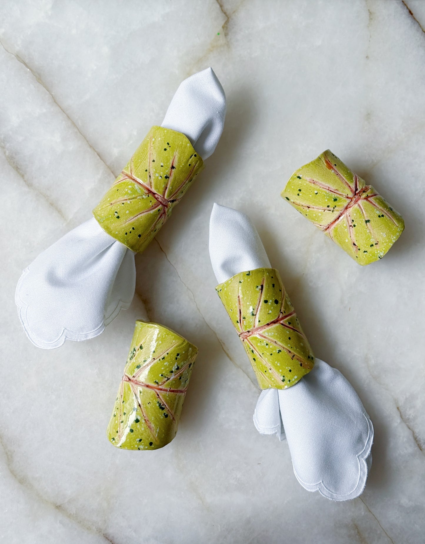Caladium leaf ceramic napkin rings hand painted 