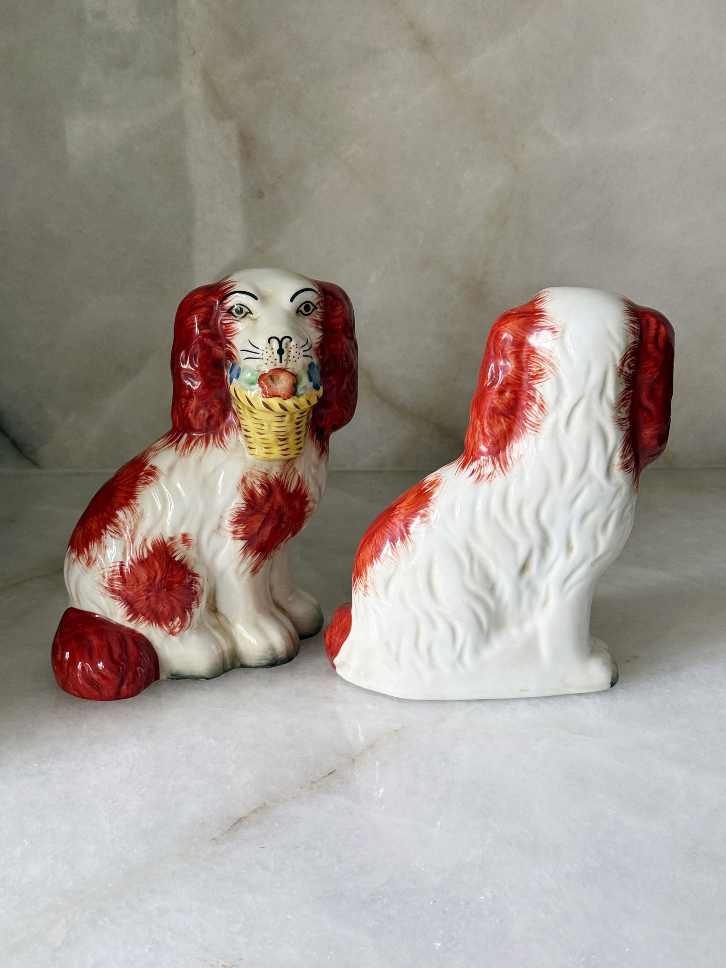 Orange Staffordshire Flower Basket Dogs – Pair