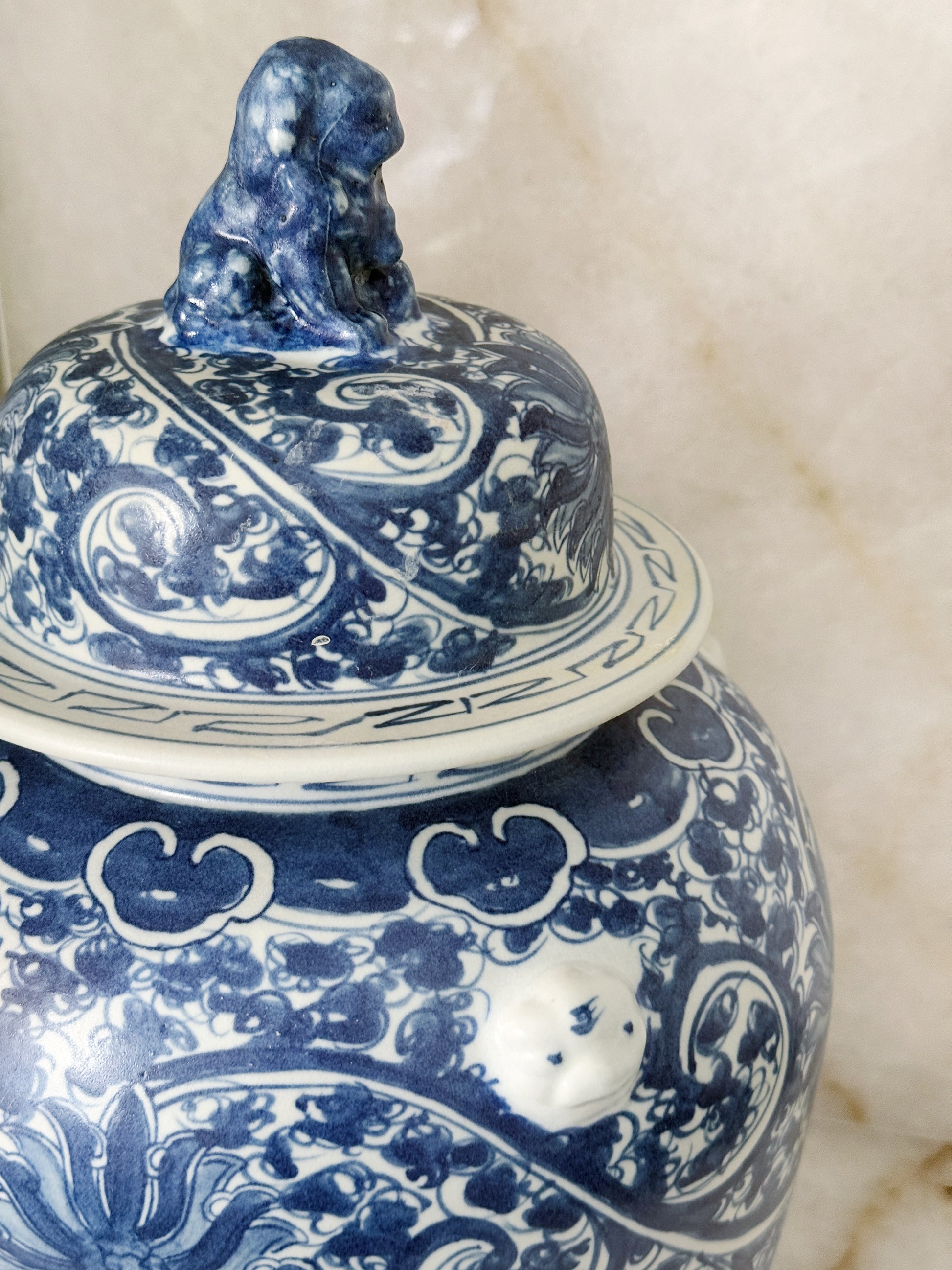 Large Blue & White Chinoiserie Scrolling Lotus Temple Jar