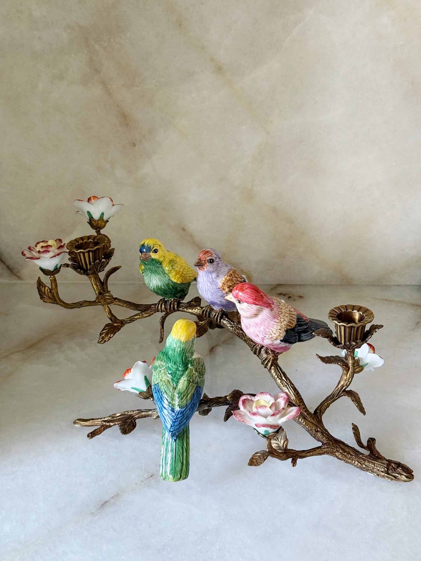 Hand Painted Porcelain Bird & Bronze Ormolu Branch Candelabra