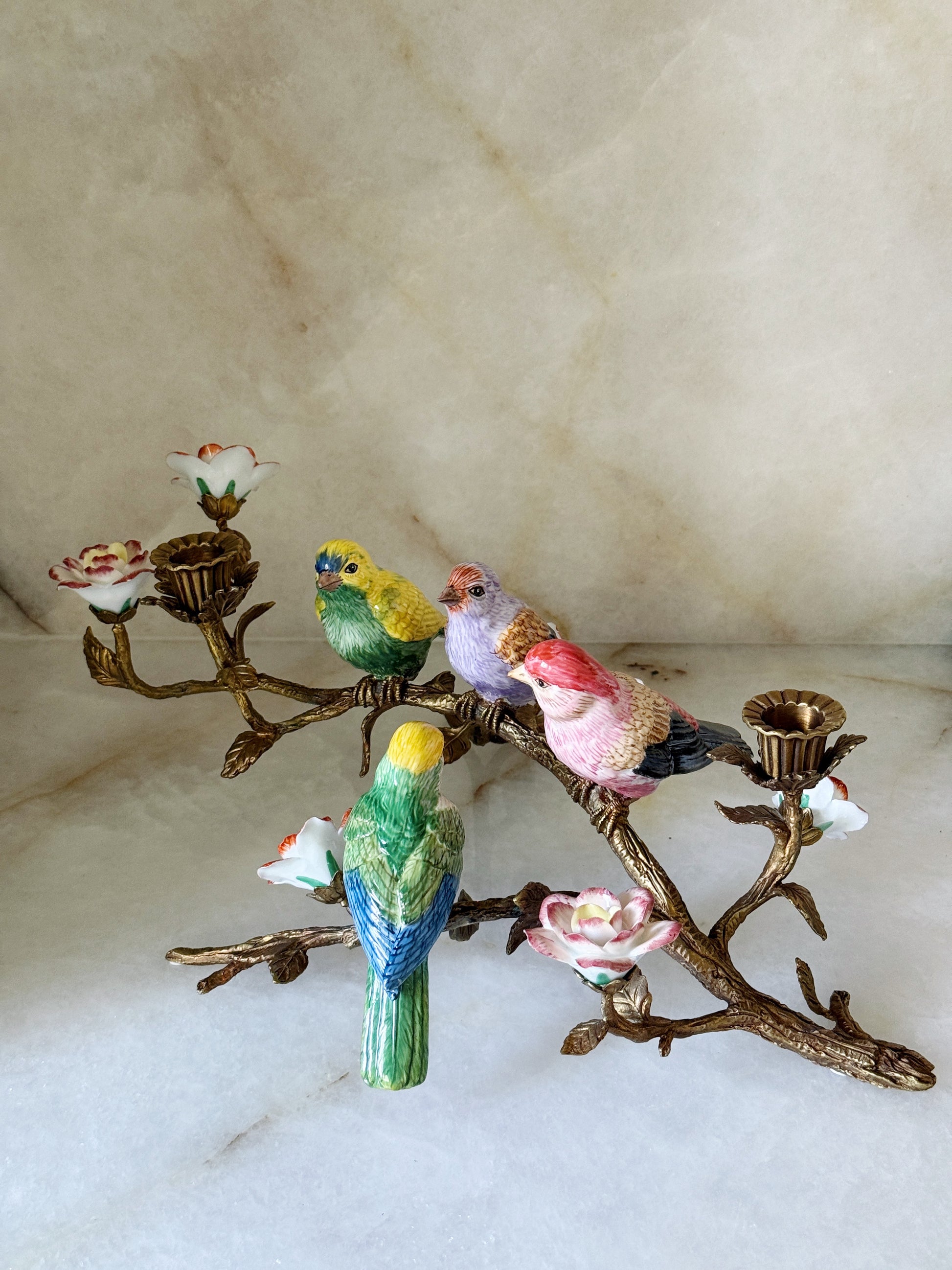 Hand Painted Porcelain Bird & Bronze Ormolu Branch Candelabra