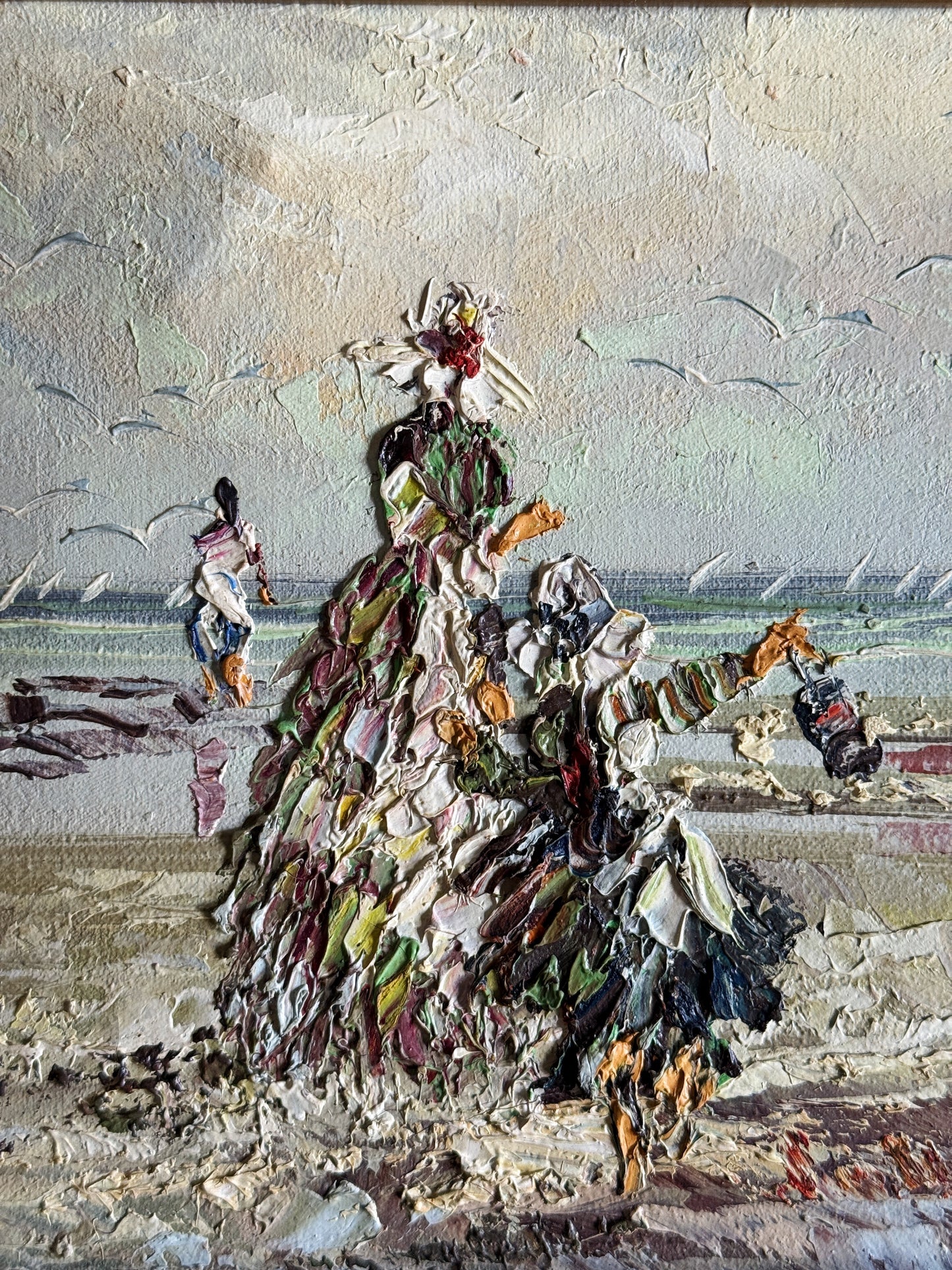 Vintage Framed Oil Painting - Victorian Beach Scene