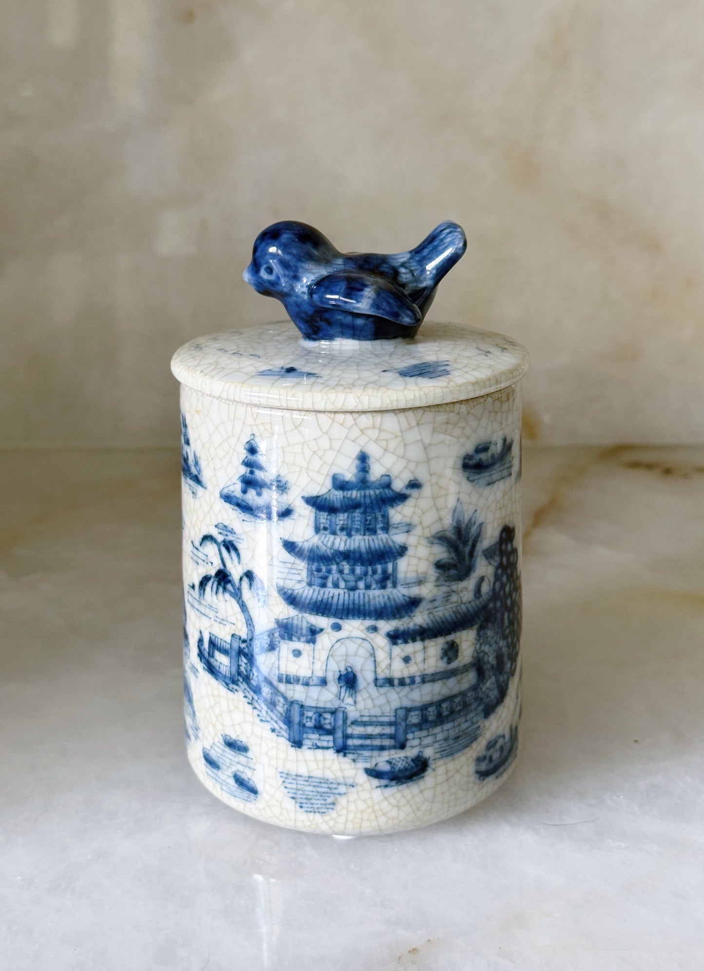 Blue & White Chinoiserie Bird-Top Decorative Container