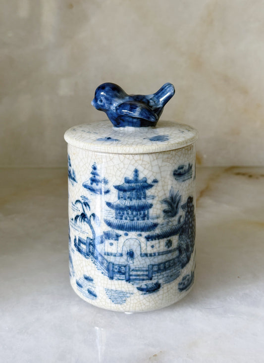 Blue & White Chinoiserie Bird-Top Decorative Container