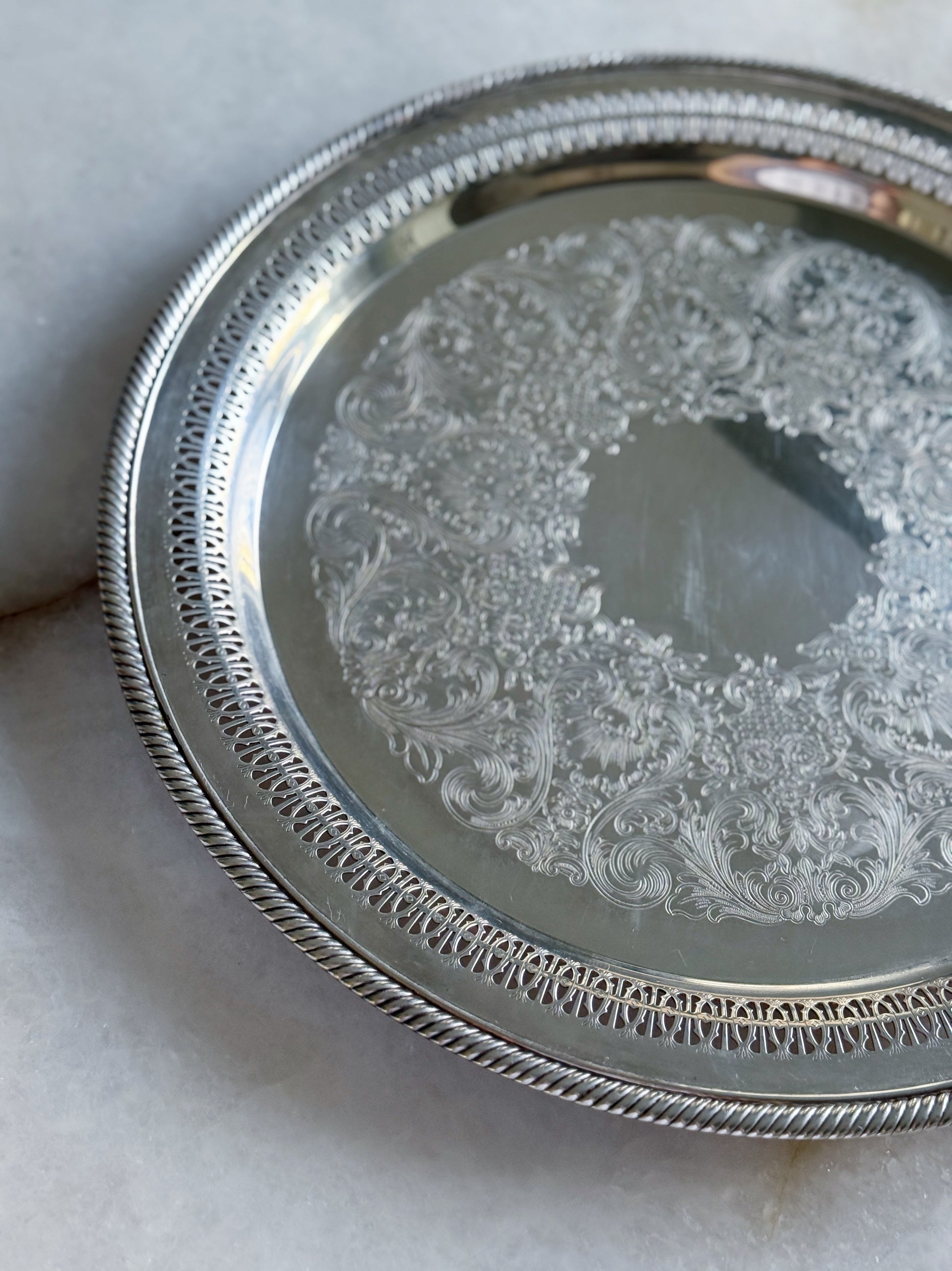 Vintage Silver Serving Tray with Reticulated Detail