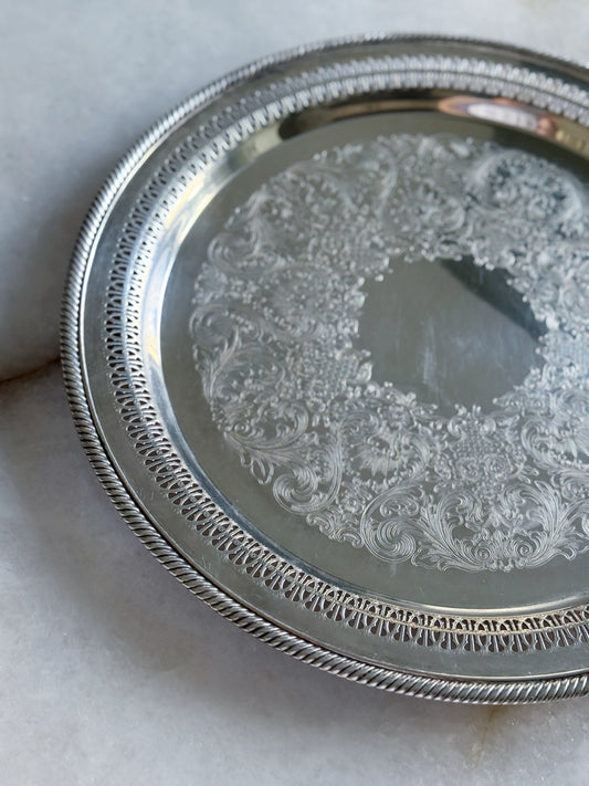Vintage Silver Serving Tray with Reticulated Detail