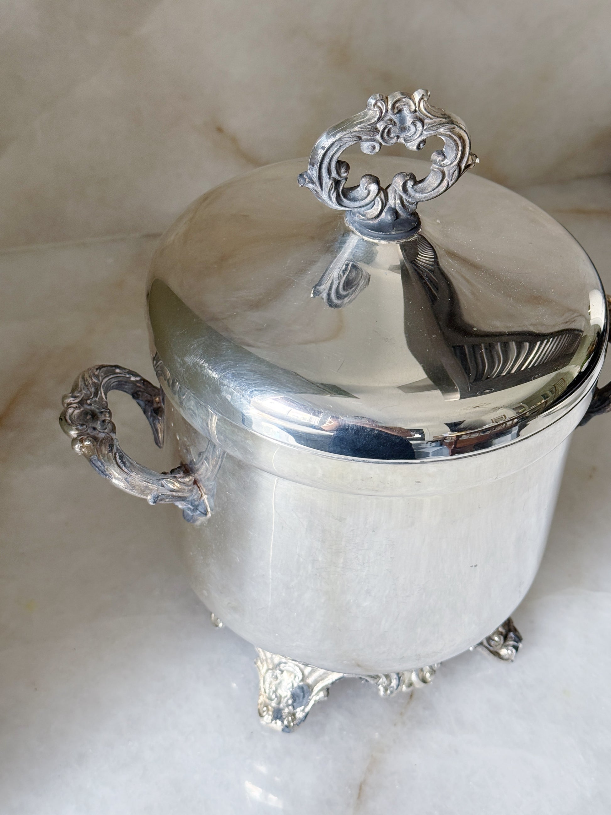 Vintage Silver Footed Ice Bucket with Lid & Ornate Handles