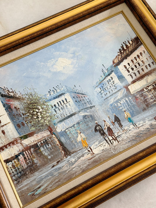 Vintage Framed Paris Street Scene Oil Painting