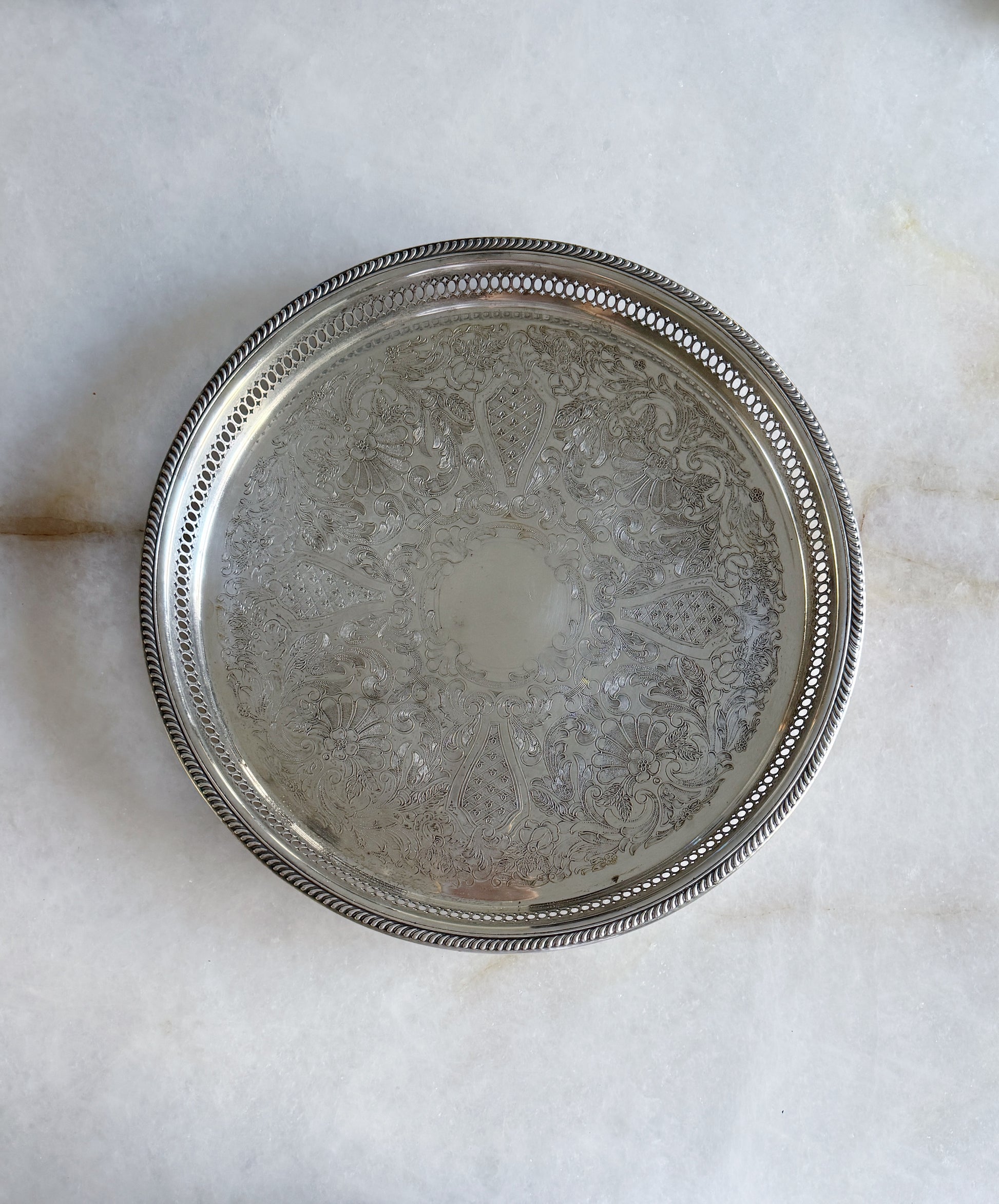Vintage Round Silver Serving Tray with Reticulated Edge -15”