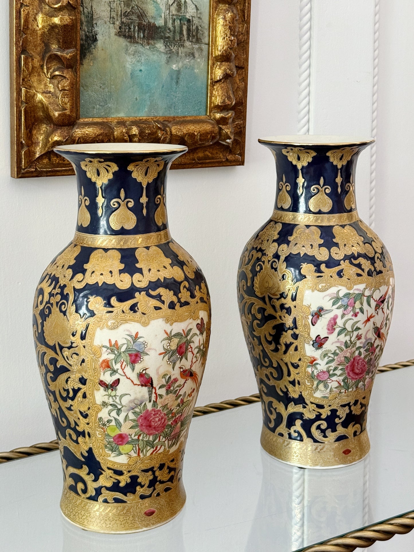 Pair of Vintage Cobalt Blue & Gold Porcelain Vase with Birds & Floral Panels