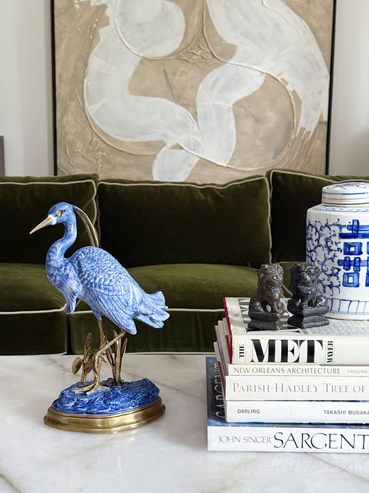 Hand-Painted Blue and White Heron Porcelain Sculpture with Bronze Ormolu Base