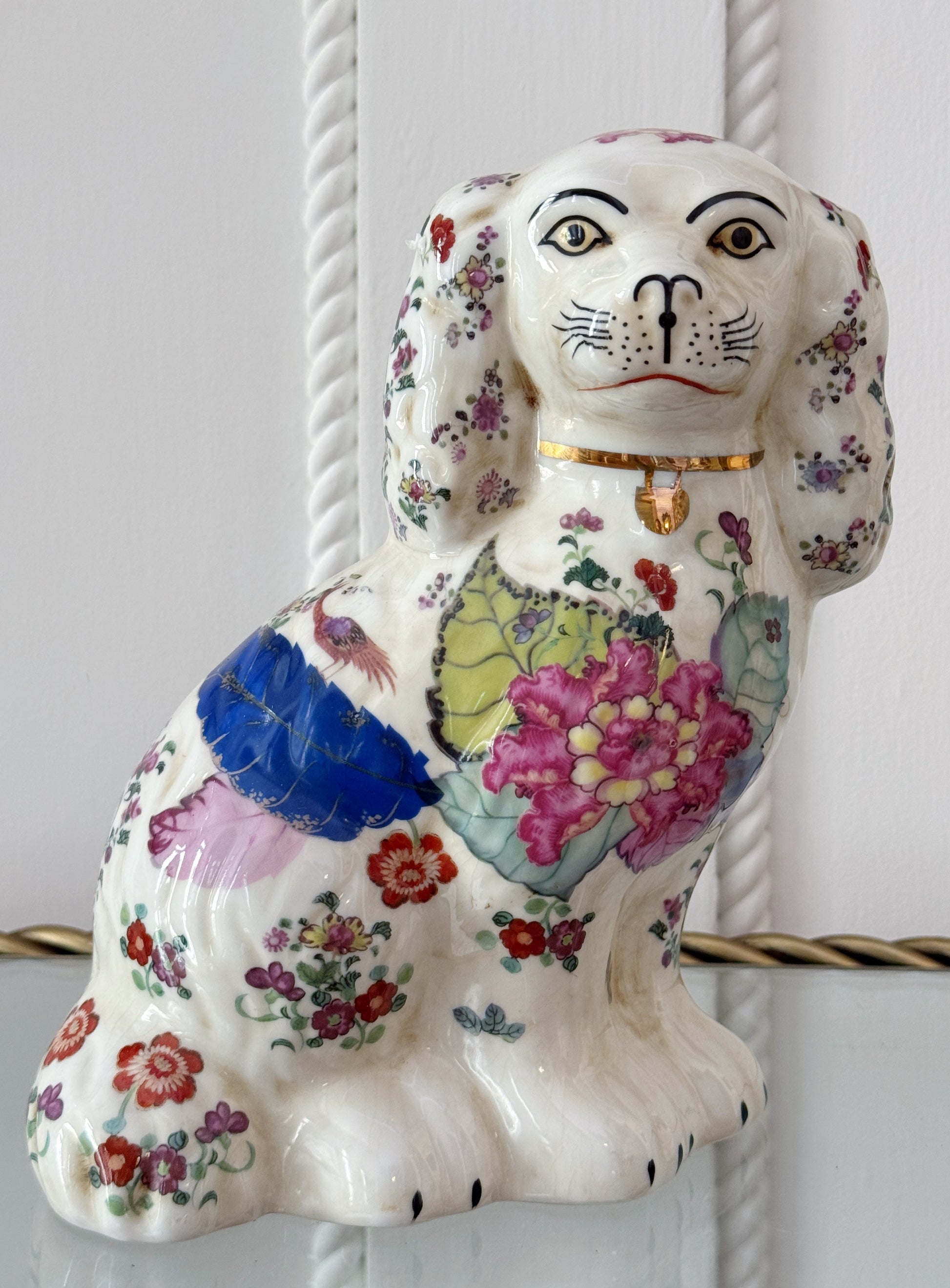 Pair of Floral Tobacco Leaf Staffordshire Dogs