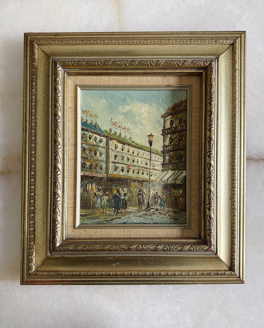 Vintage Framed Oil Painting – Impressionist Street Scene
