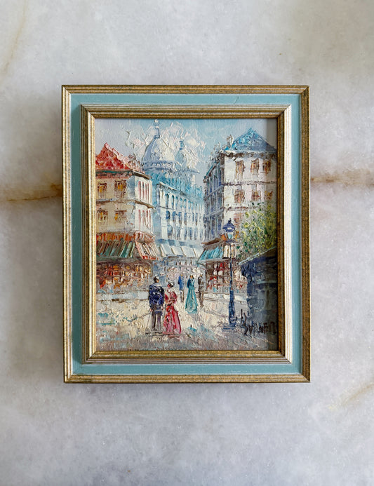 Vintage Colorful Street Scene Framed Oil Painting