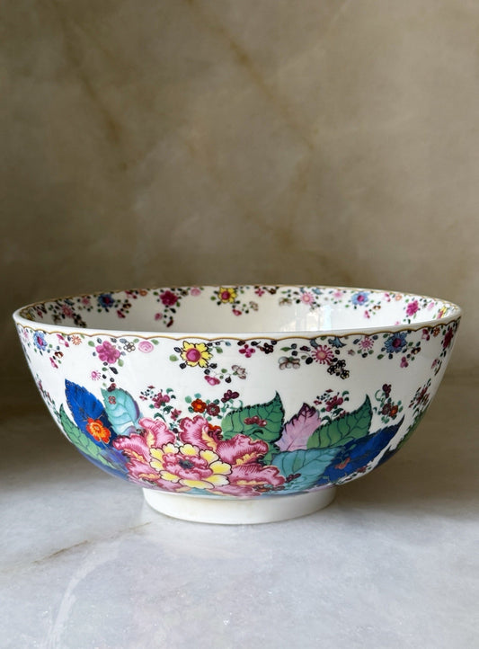 Tobacco leaf porcelain bowl with peony and blue leaves, front view