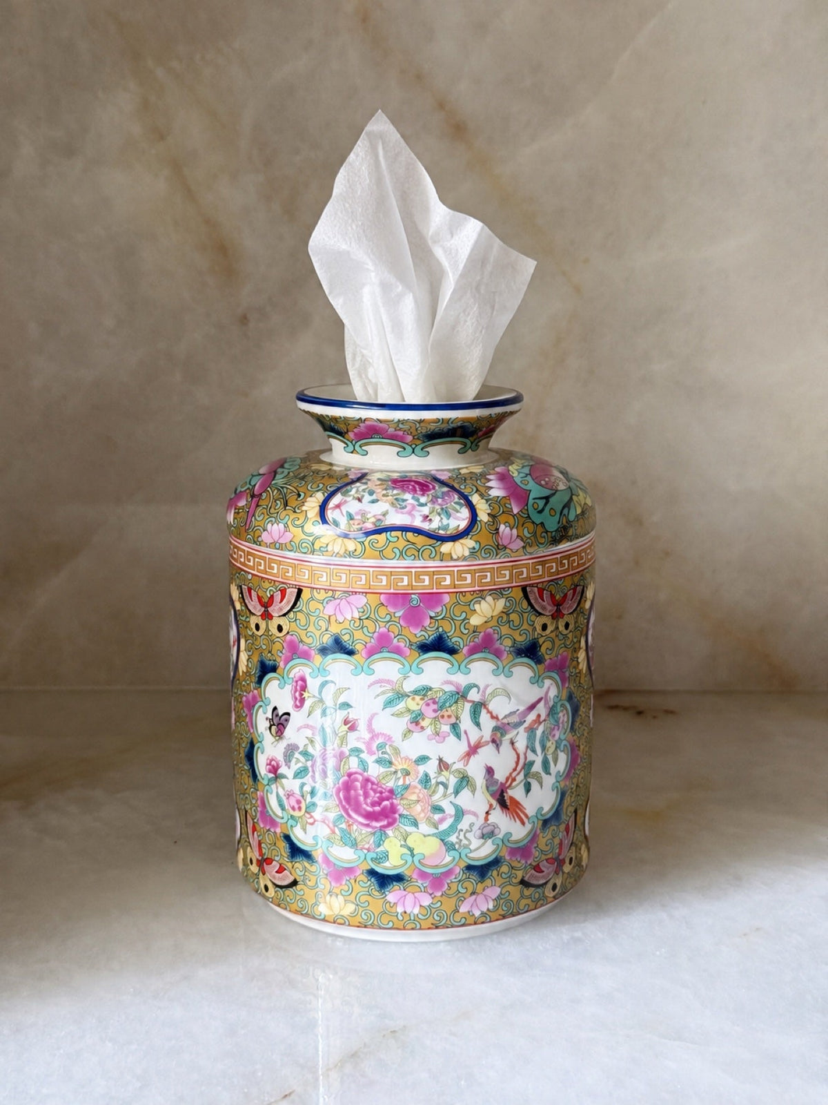 Rose medallion porcelain tissue box holder with tissue, front view