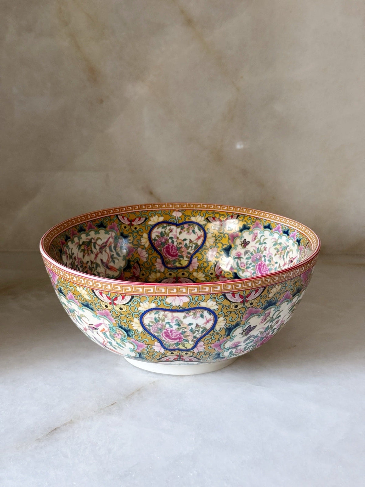 Rose medallion porcelain bowl, angled view