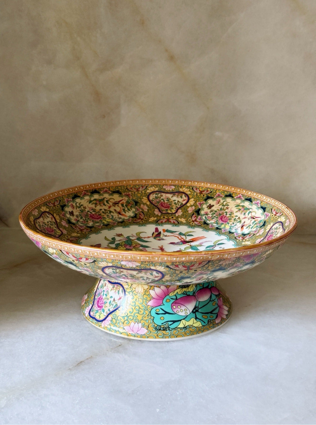 Rose medallion porcelain pedestal bowl, angled view