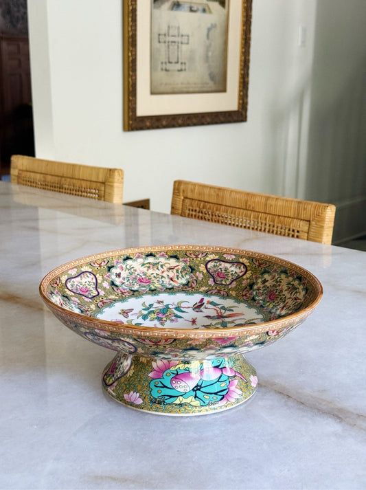 Rose medallion porcelain pedestal bowl, front view