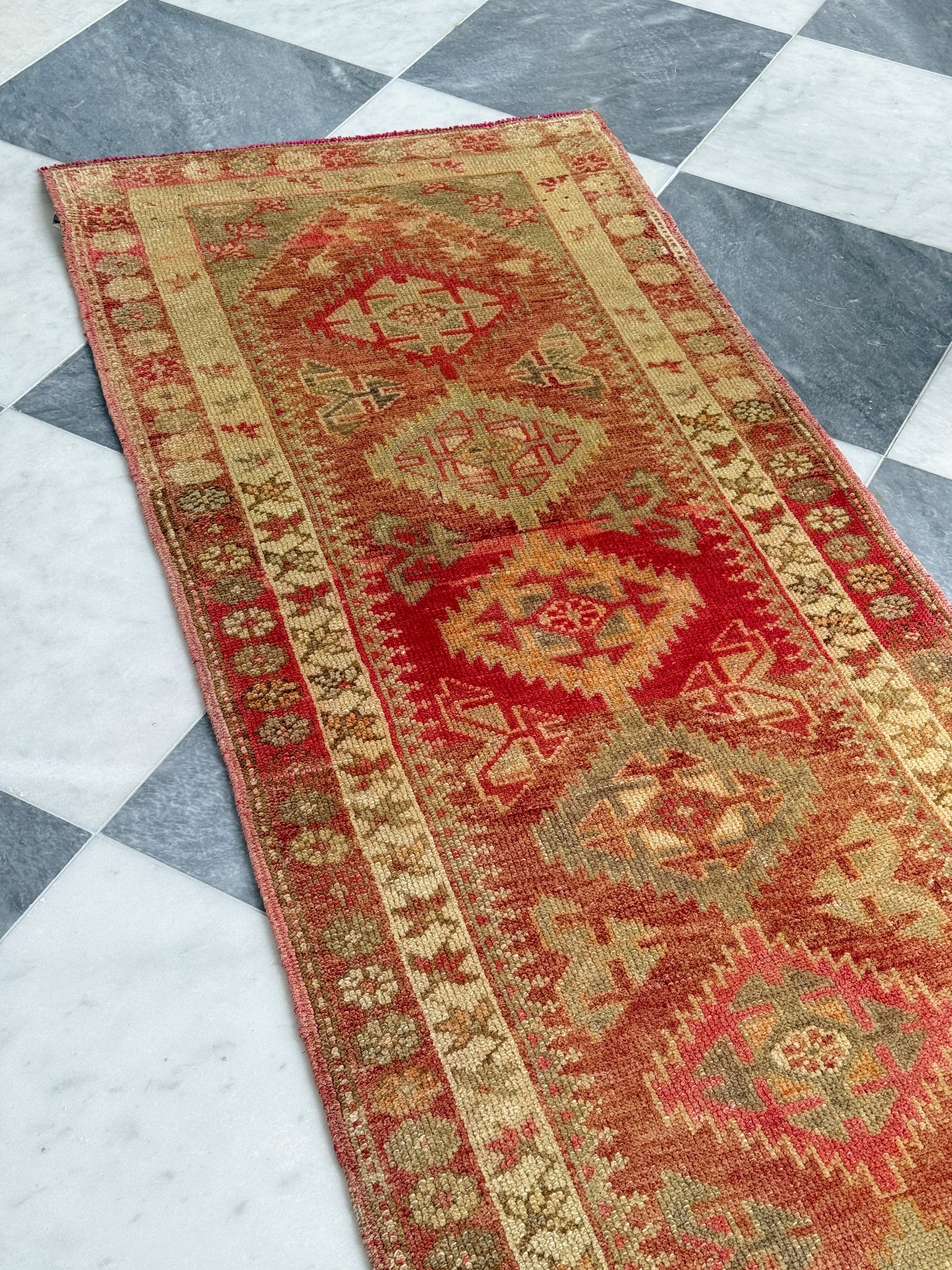 Vintage Turkish Runner Rug | Dusty Rose & Cream Hallway Runner  | 2.7' x 11.6'