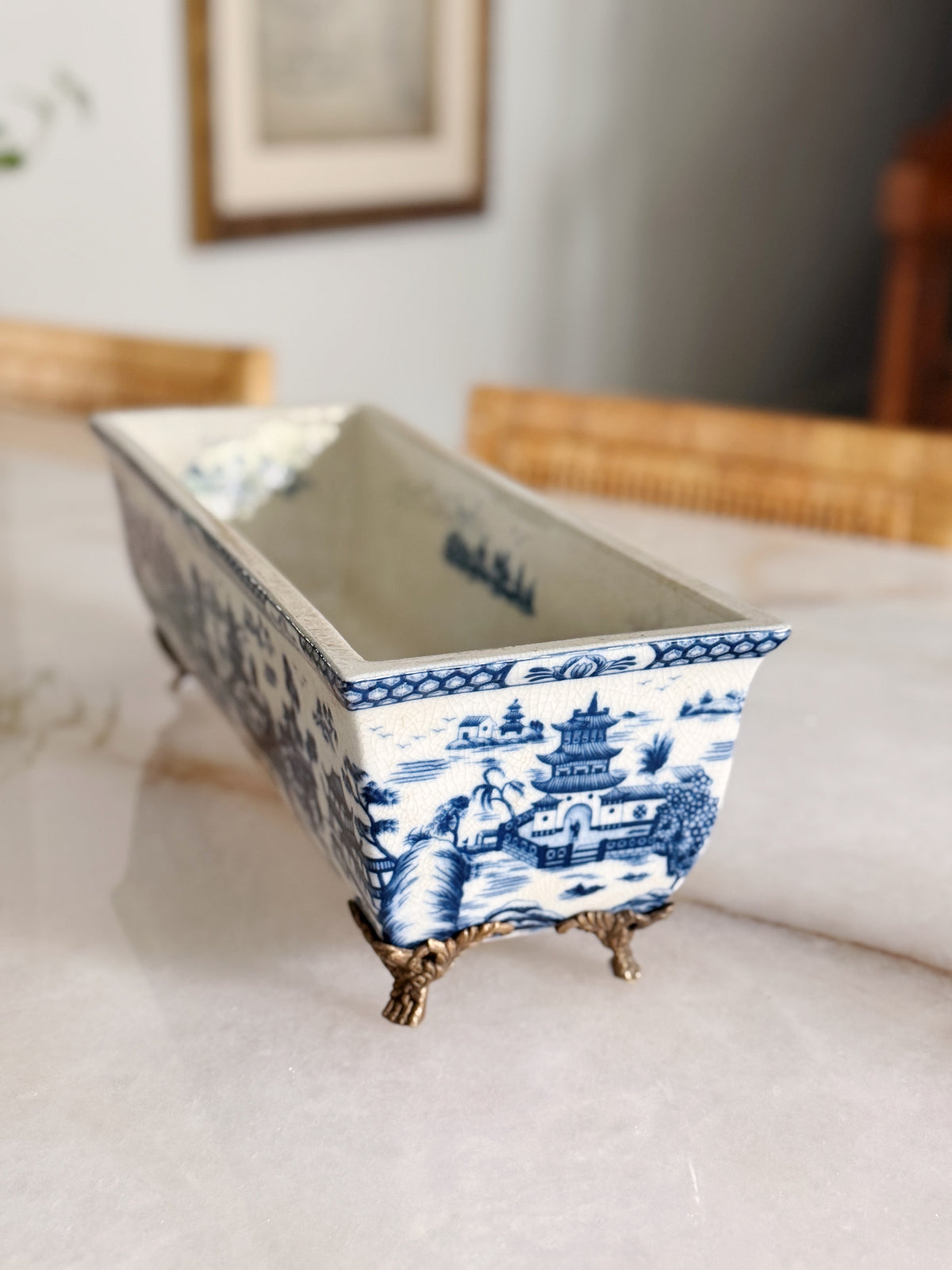 Blue Willow Porcelain Rectangular Planter with Bronze Ormolu Feet