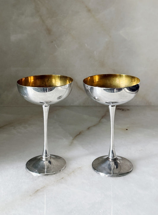 Vintage Silver Plate Champagne Coupes with Brass Interior | Set of 2