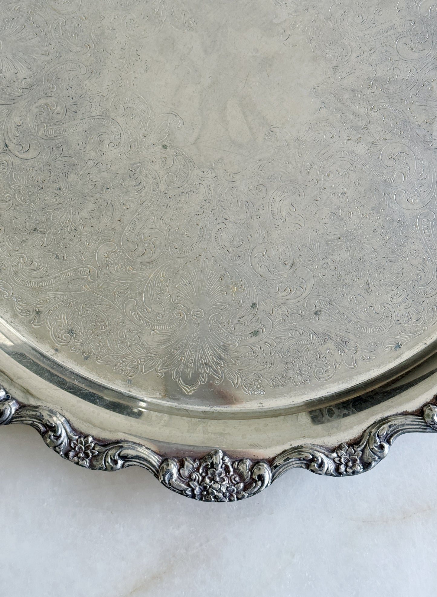 Large Vintage Embossed Silver Serving Tray – 19” Round