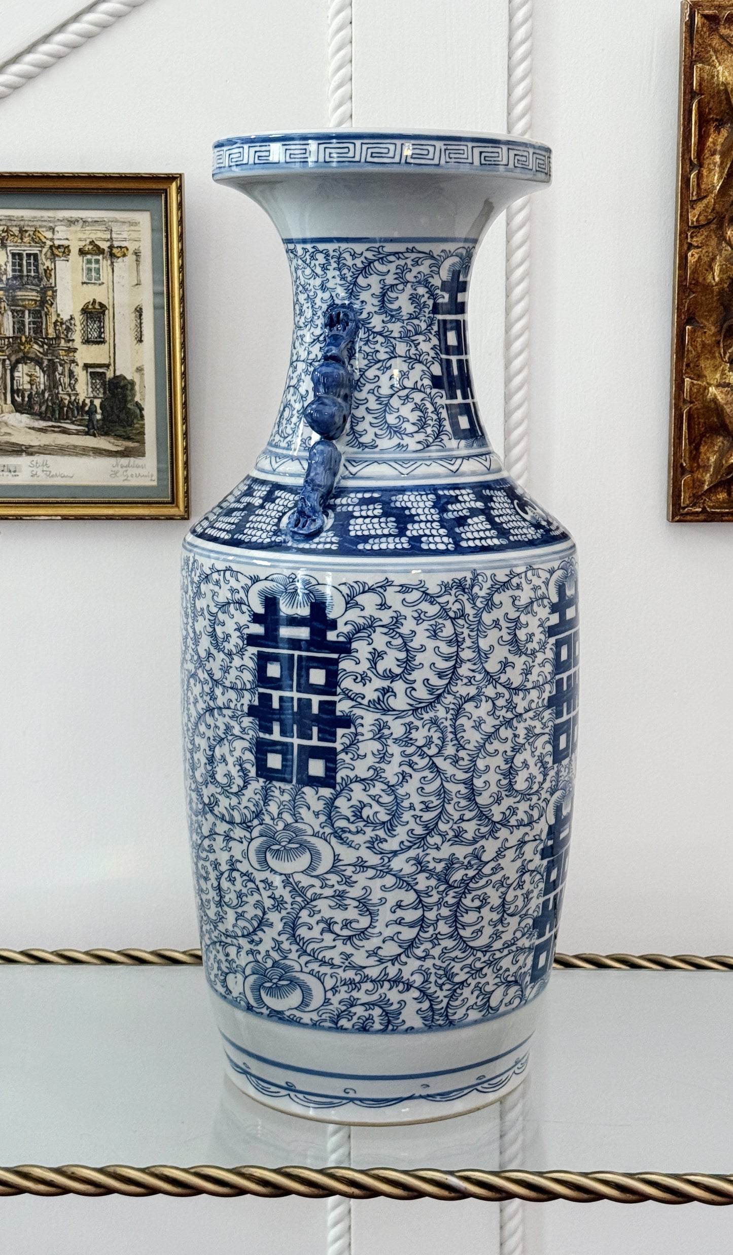 Large Blue & White Chinoiserie Double Happiness Vase