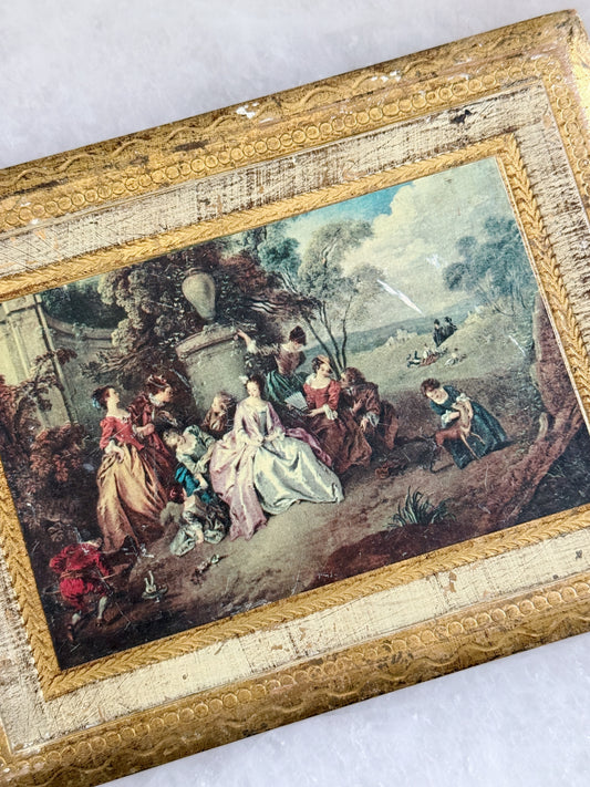 Vintage Italian Florentine Gilt Wall Plaque with Romantic Garden Scene