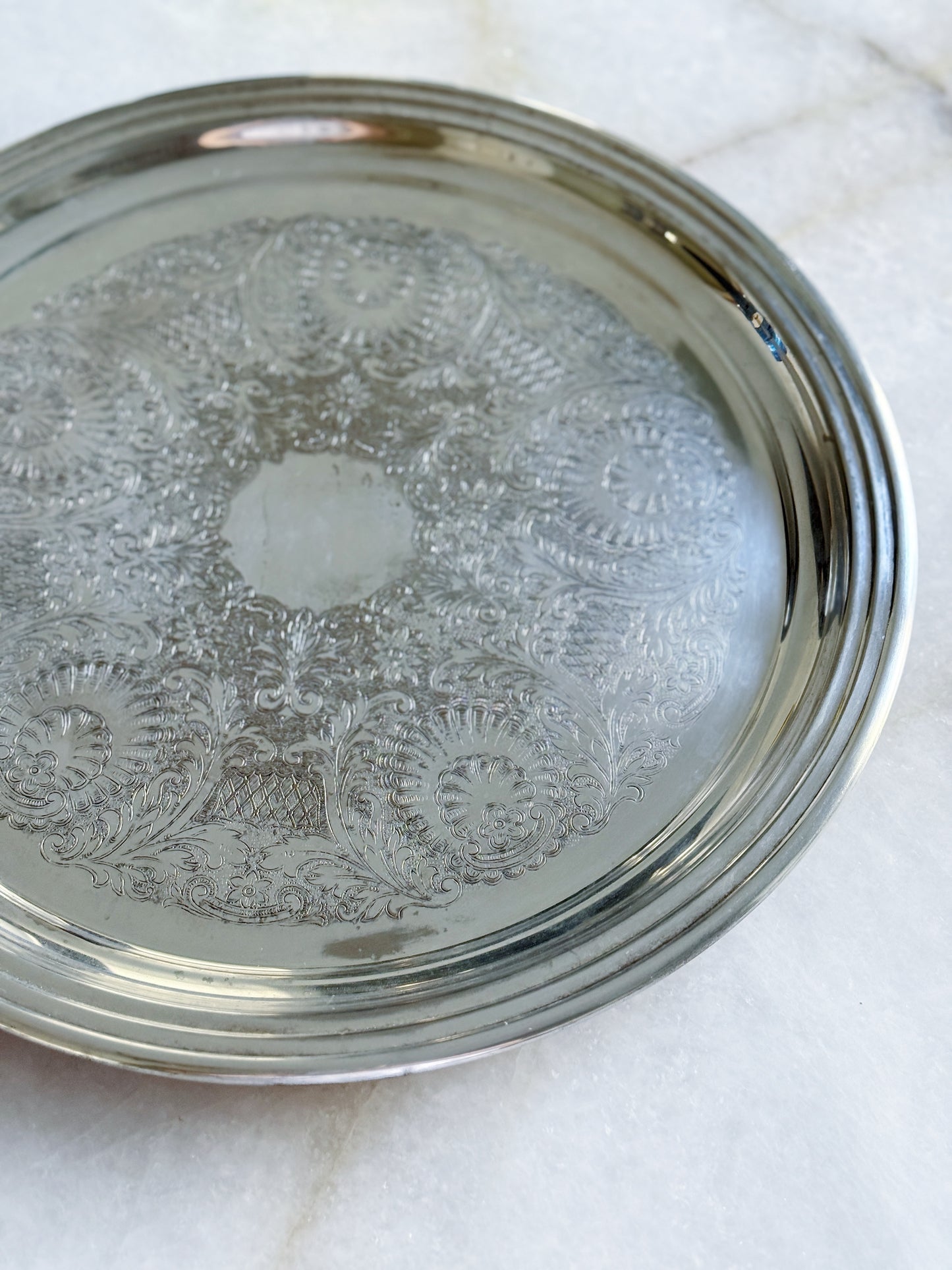 Vintage Large Round Silver Serving Tray with Embossed Center- 15”
