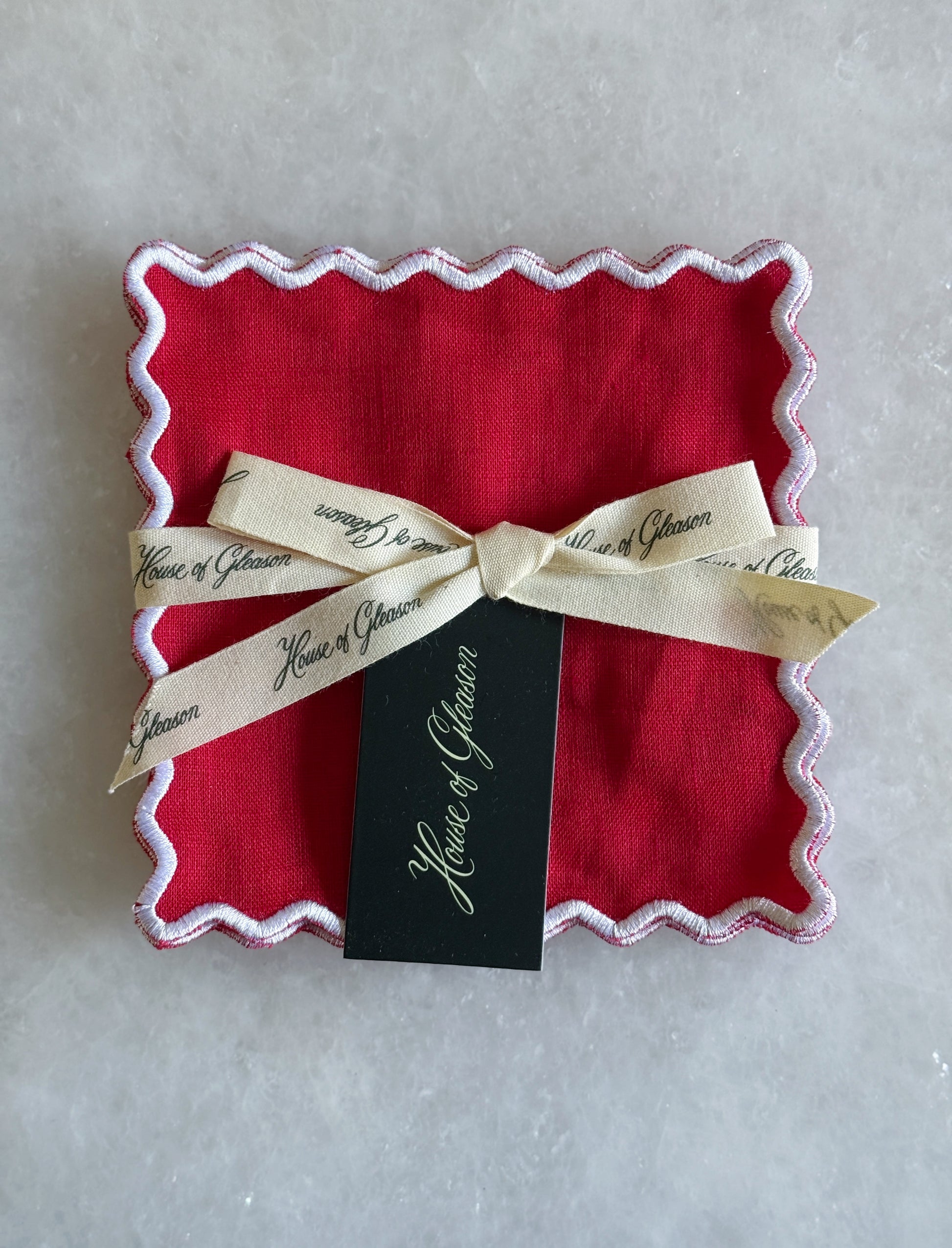 Linen Embroidered Cocktail Napkin - Red/White