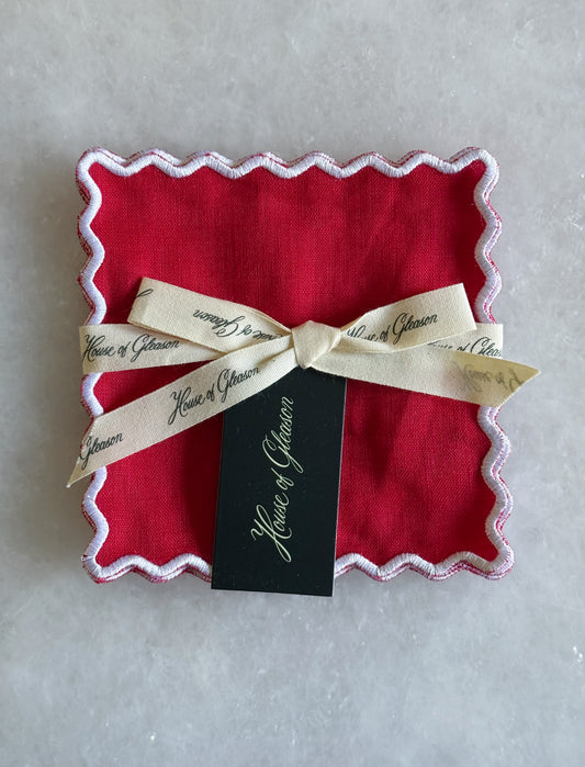 Linen Embroidered Cocktail Napkin - Red/White