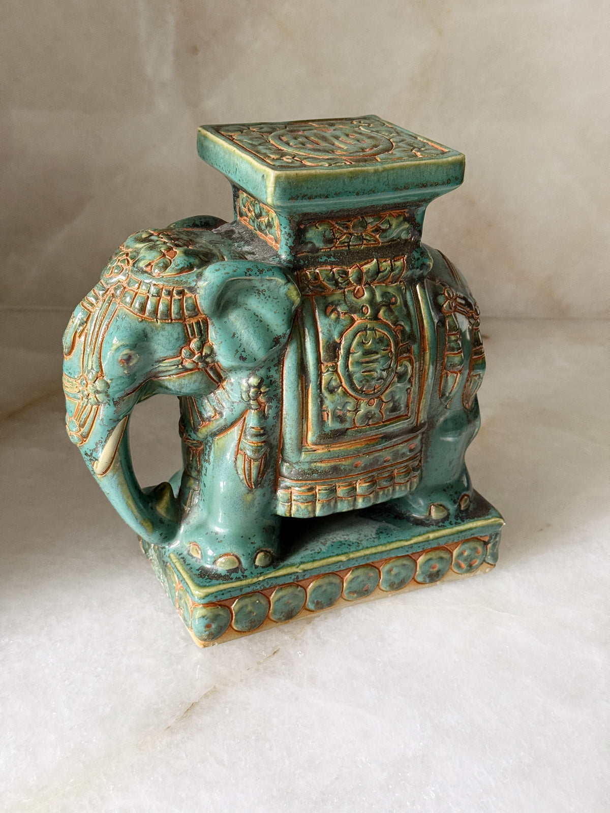 Vintage Olive Green Ceramic Elephant Plant Stand