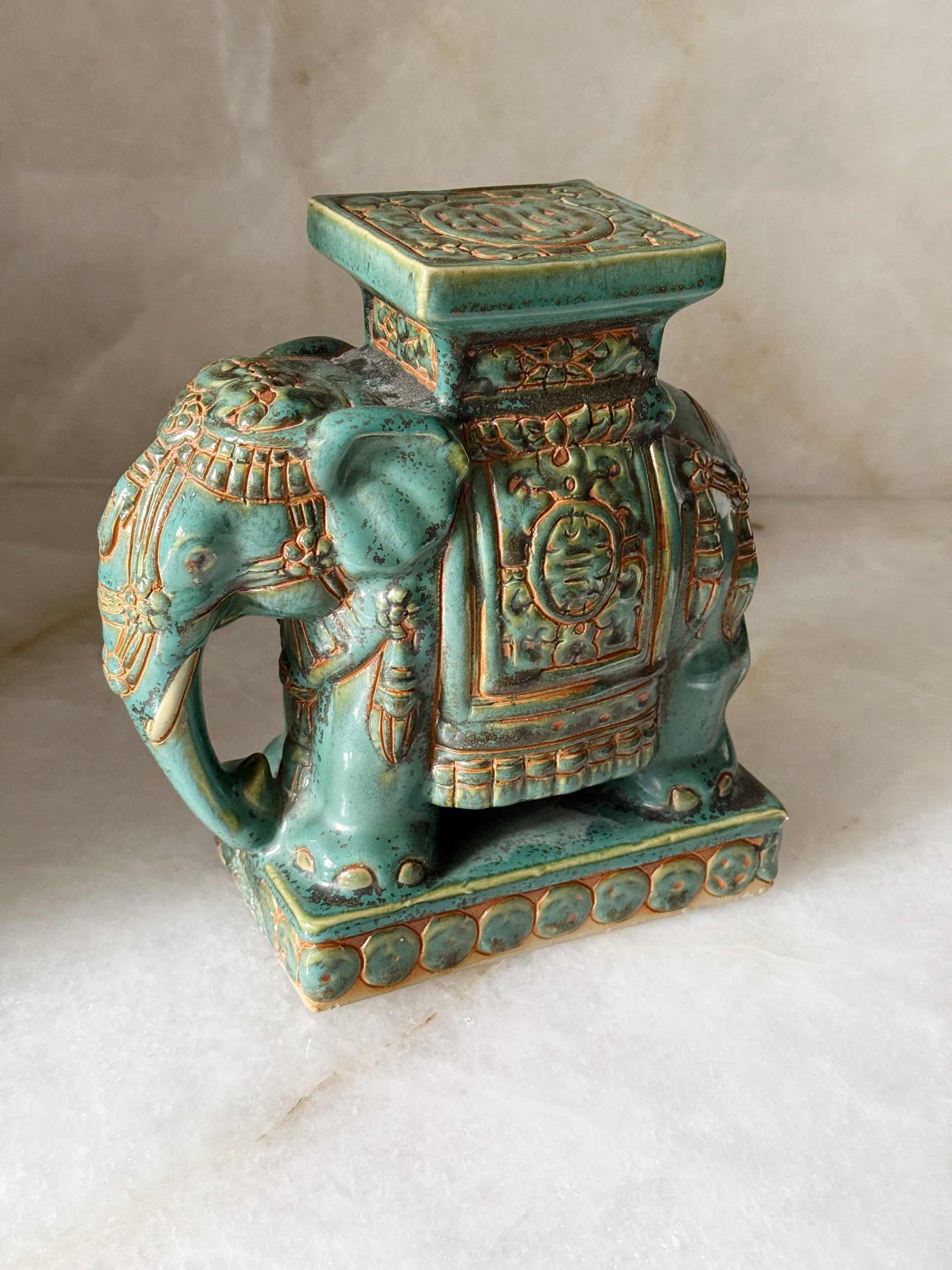 Vintage Olive Green Ceramic Elephant Plant Stand