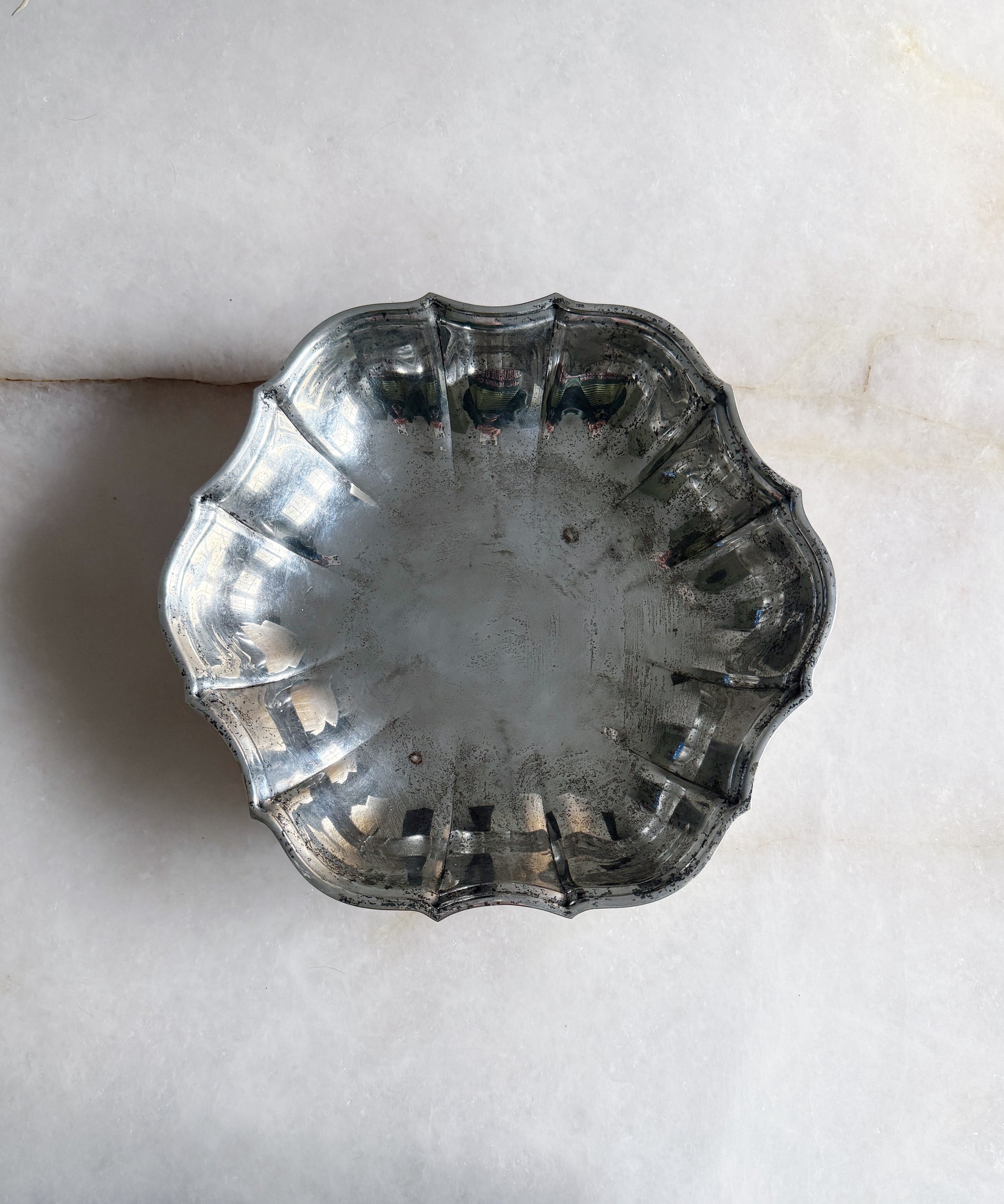 Vintage Silver Serving Tray with Scalloped Edge
