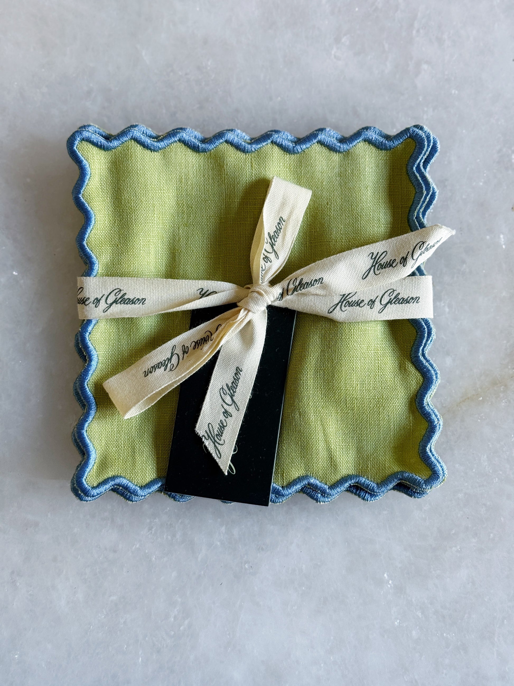 Linen Embroidered Cocktail Napkin - Green/Blue