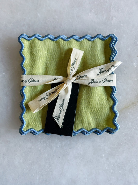 Linen Embroidered Cocktail Napkin - Green/Blue
