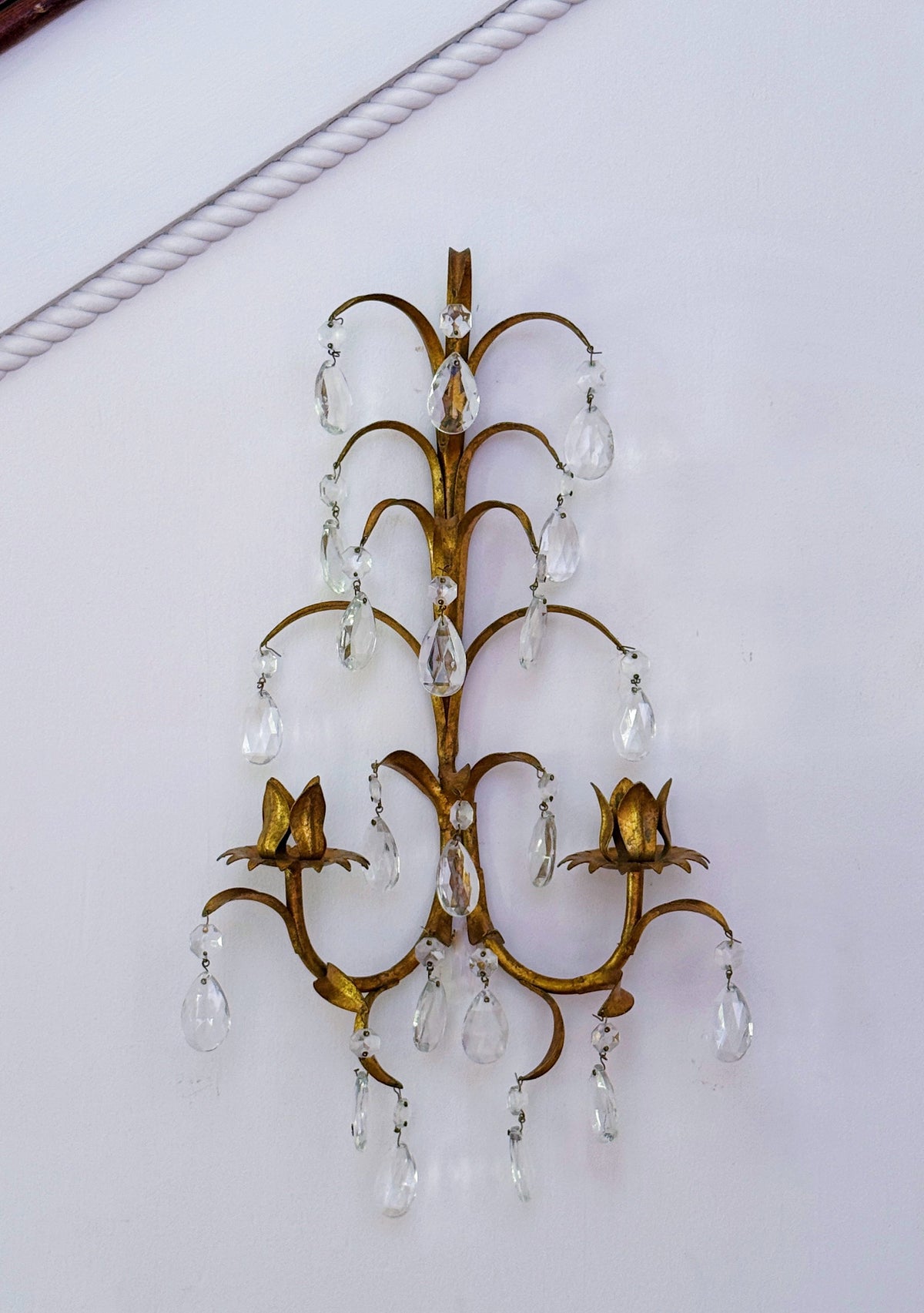 Vintage Gilt Tole Two-Arm Crystal Candle Sconce