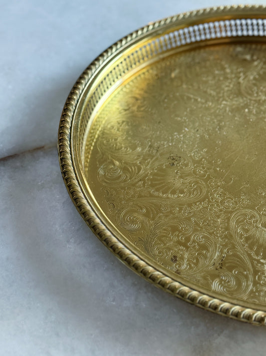 Large Vintage Brass Serving Tray with Reticulated Edges with etched center 