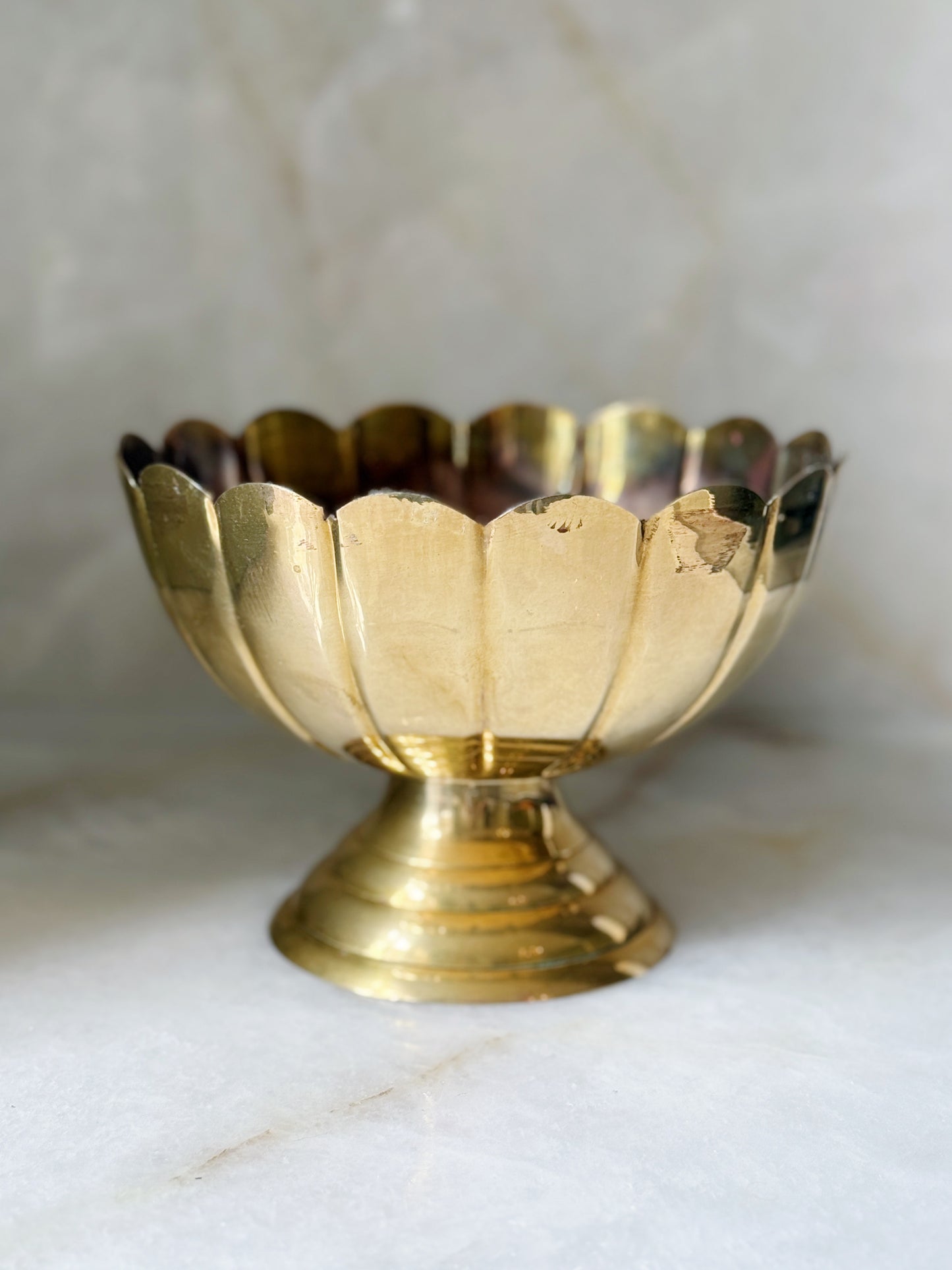 Scalloped Vintage Brass Pedestal Bowl