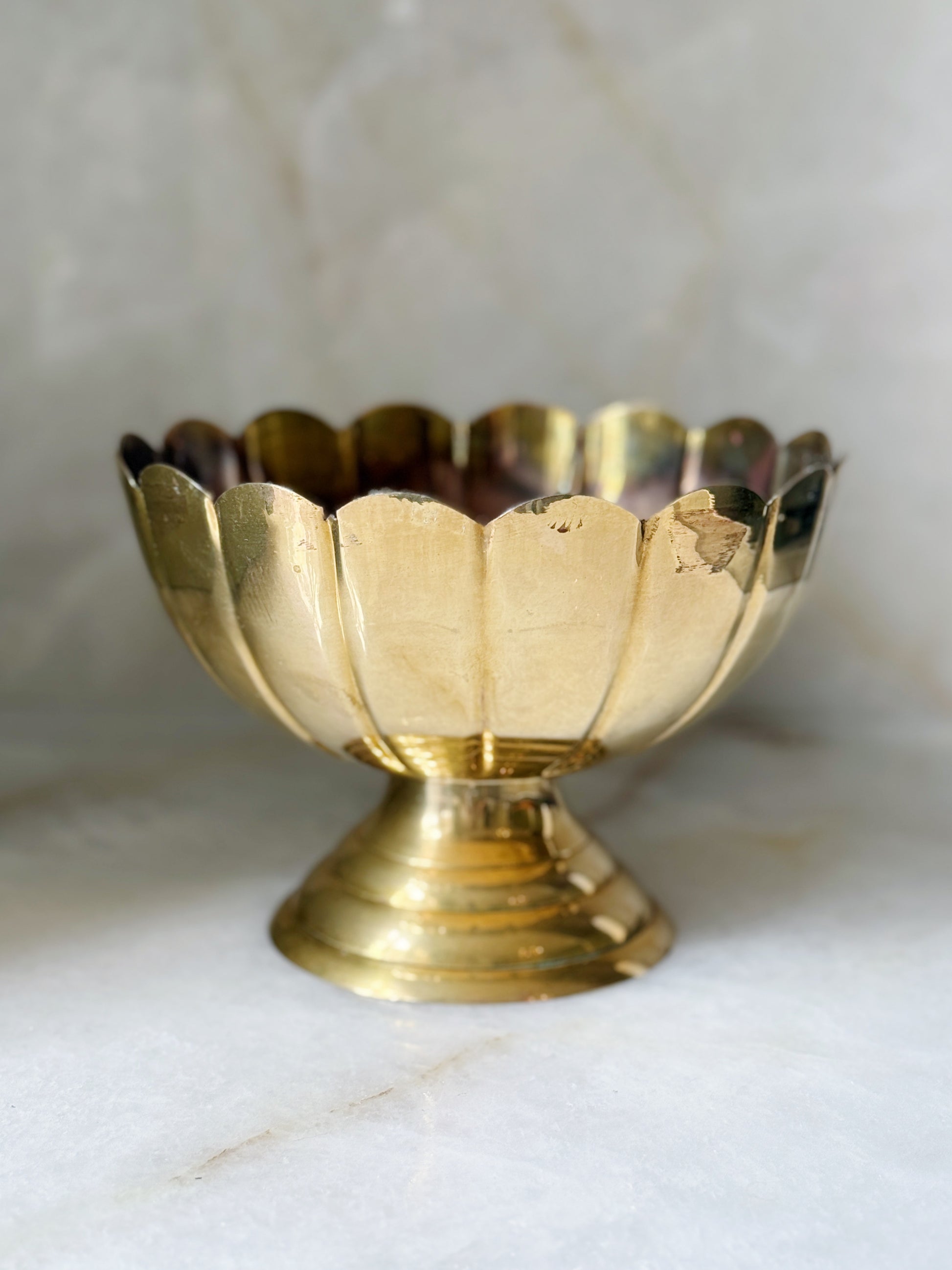 Scalloped Vintage Brass Pedestal Bowl