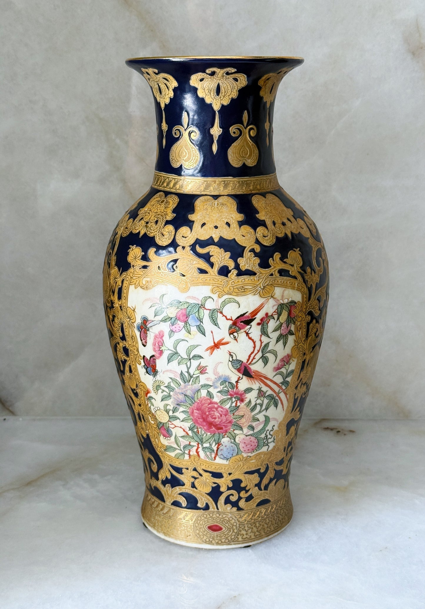 Pair of Vintage Cobalt Blue & Gold Porcelain Vase with Birds & Floral Panels